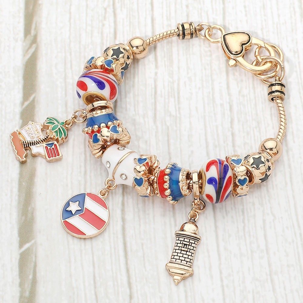 Gold Tone Puerto Rico Flag Charm Multi-Bead Bracelet with Lobster Clasp Closure